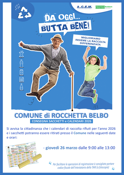 distribuzione kit sacchetti e calendario presso il Municipio di Rocchetta Belbo Giovedì 26 marzo 2026